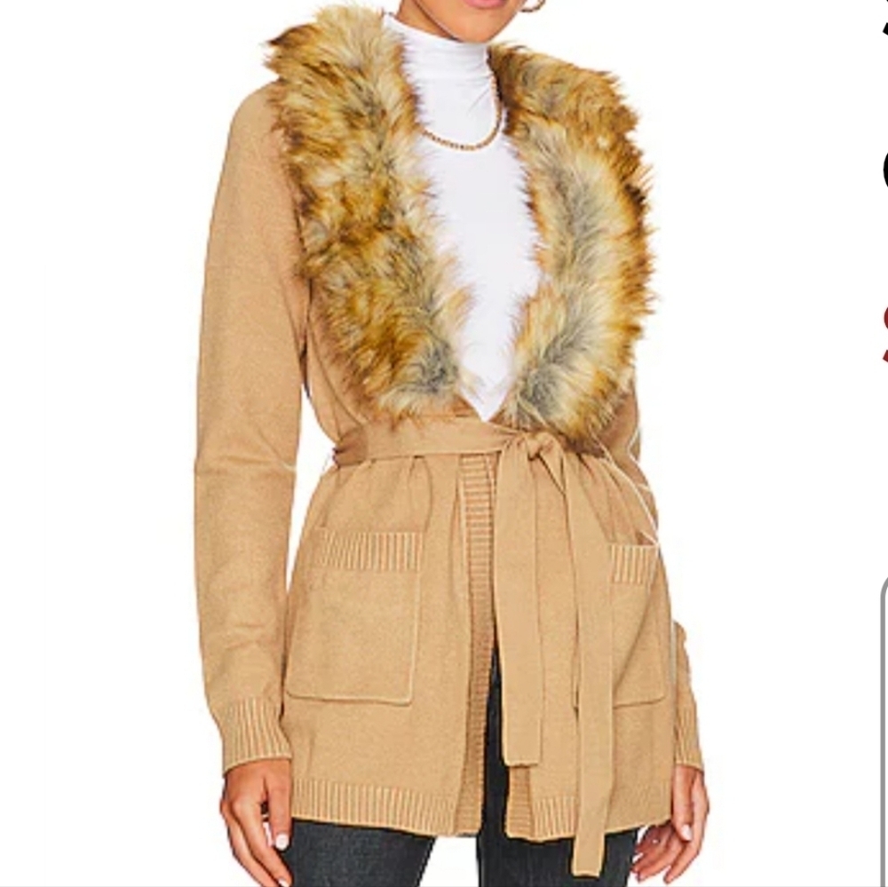 NWT Show Me Your MuMu cabin cardigan sweater with faux fur Trim Belt Size S